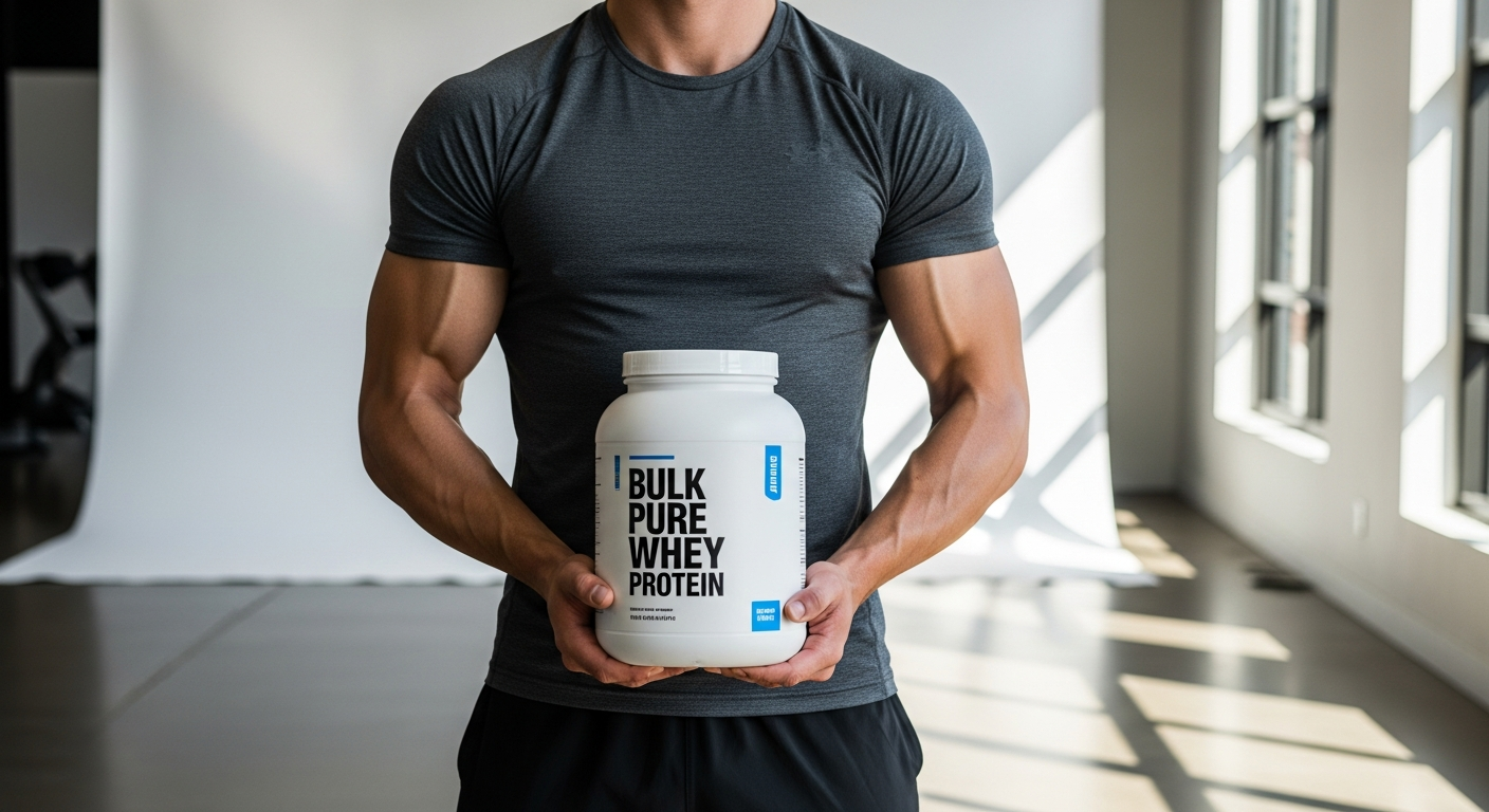 Bulk Pure Whey Protein Powder container with scoop and shaker bottle
