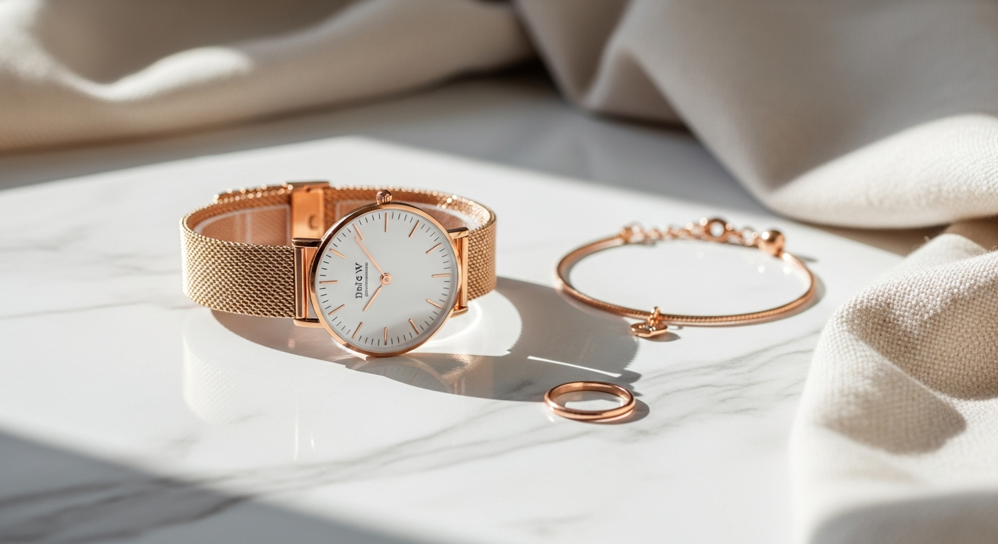 Daniel Wellington Classic Petite Melrose watch displayed on wrist with interchangeable rose gold mesh strap