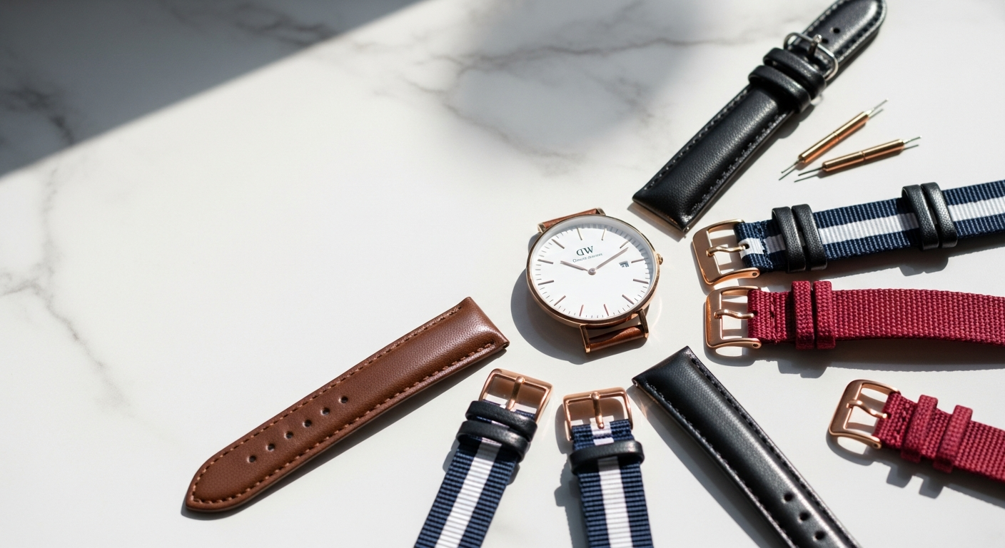 Daniel Wellington Classic Petite Melrose watch with interchangeable mesh and leather straps displayed together