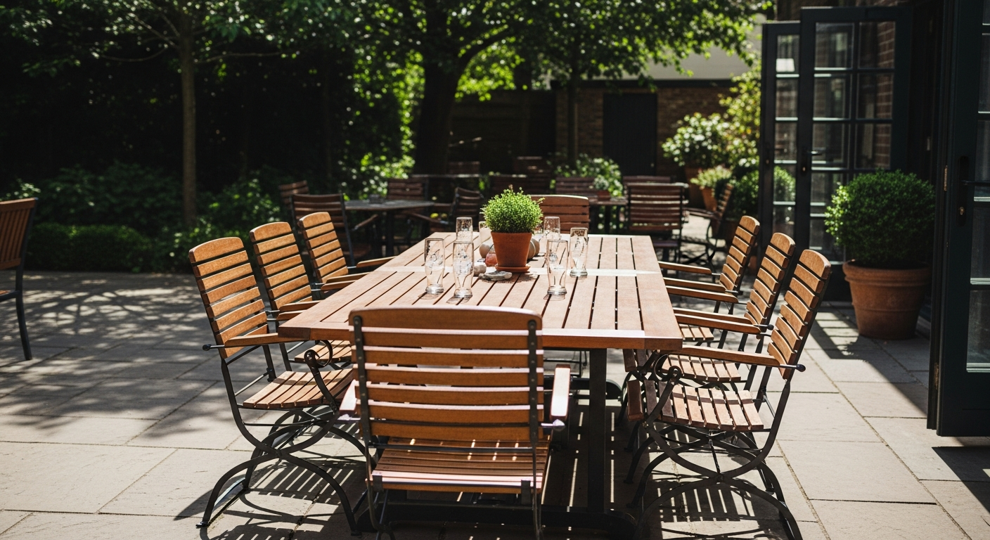 DeubaXXL foldable beer garden set with eight seats and integrated backrests