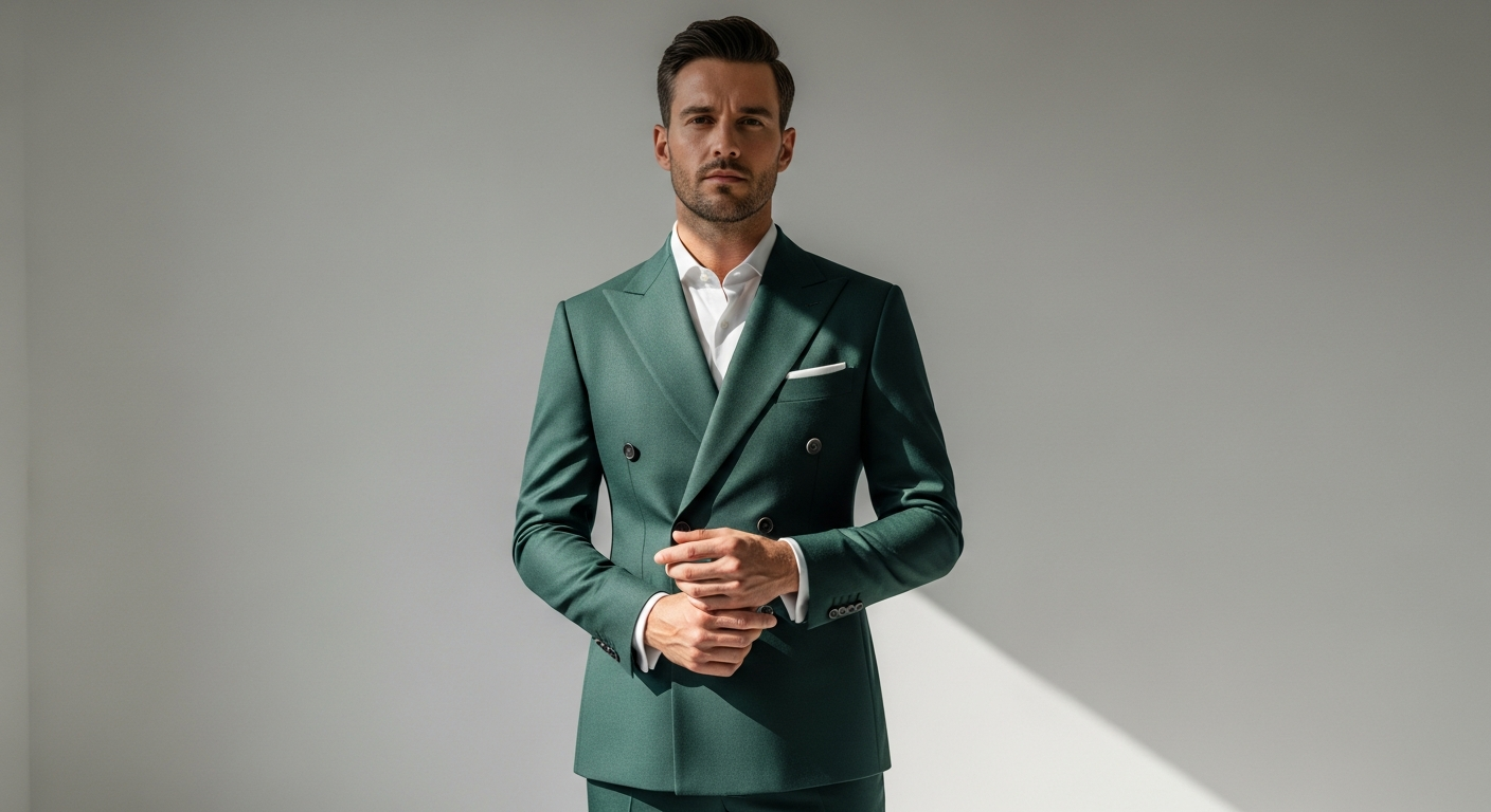 Dark green double breasted slim fit suit with peak lapels