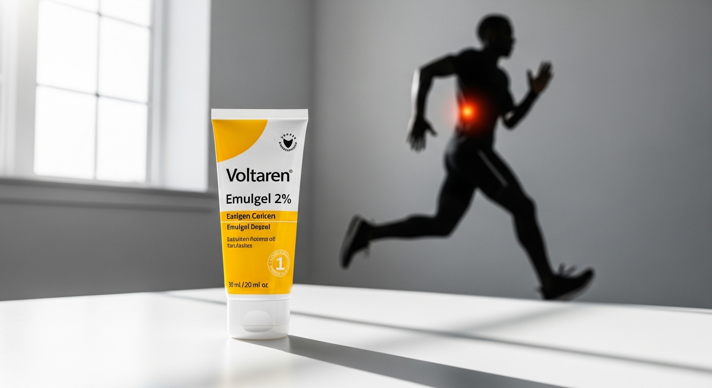 Athlete applying Voltaren Emulgel 2% pain relief gel to shoulder during sports training recovery