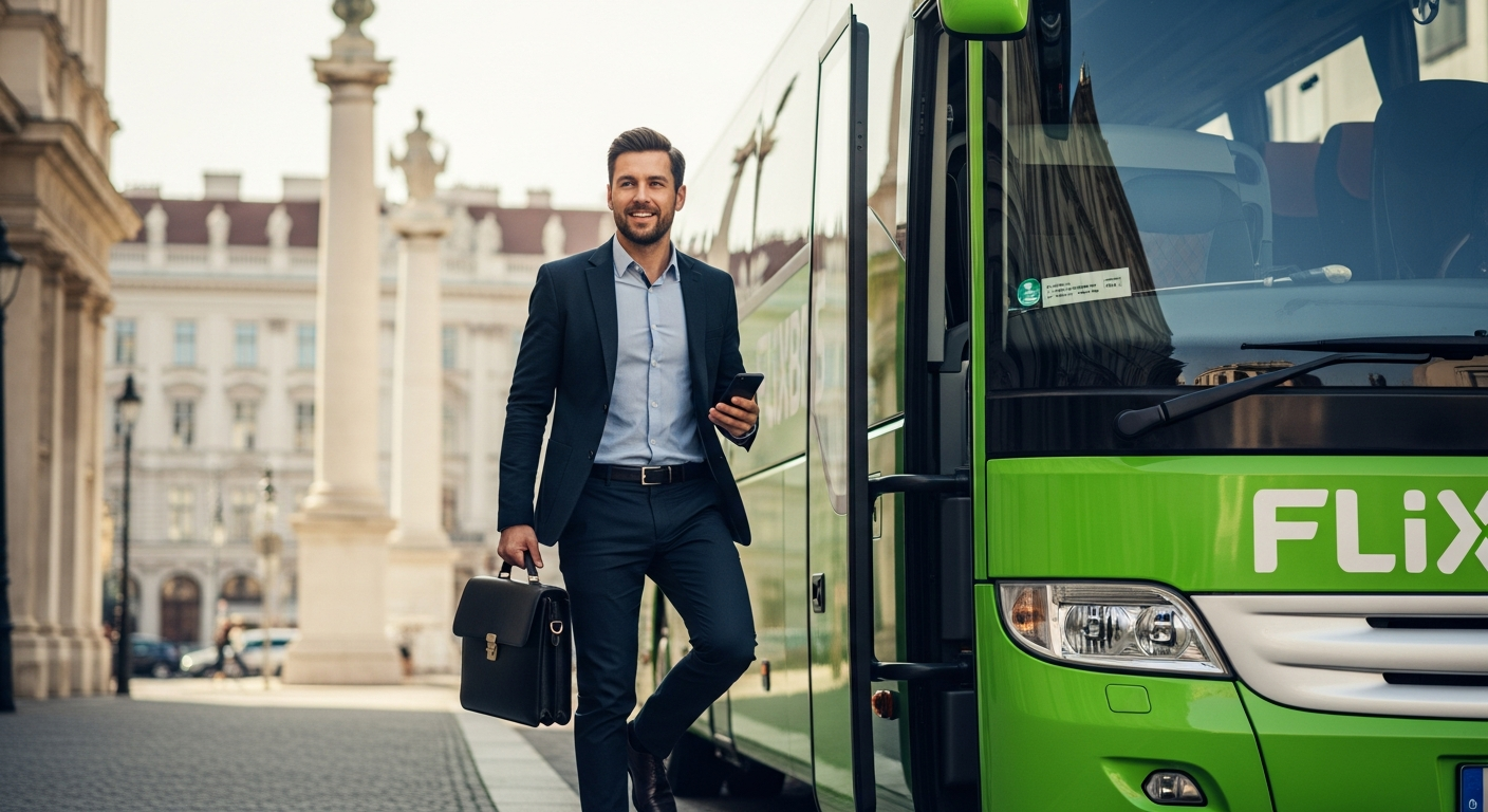 Flixbus Austria intercity bus interior with Wi-Fi connectivity and power outlets for working professionals
