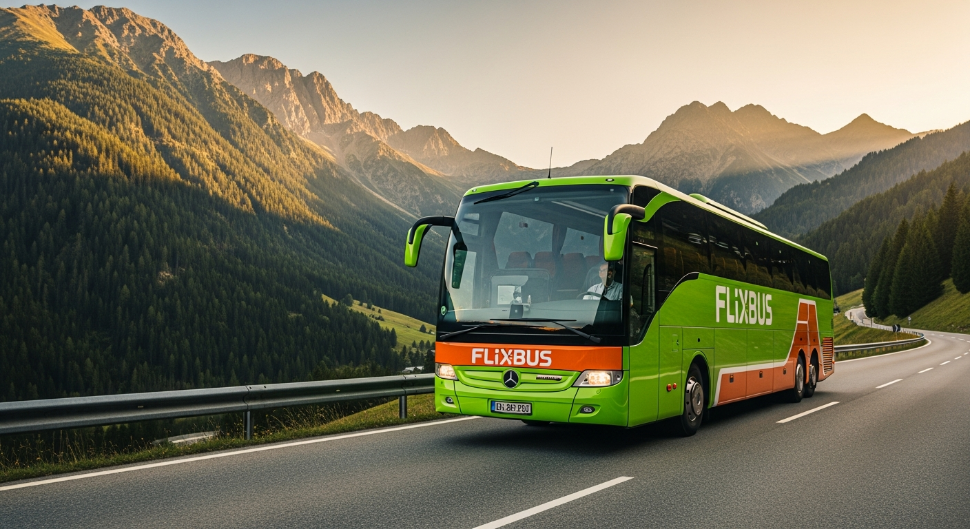 Flixbus Austria intercity bus traveling through Alpine mountain scenery with passengers