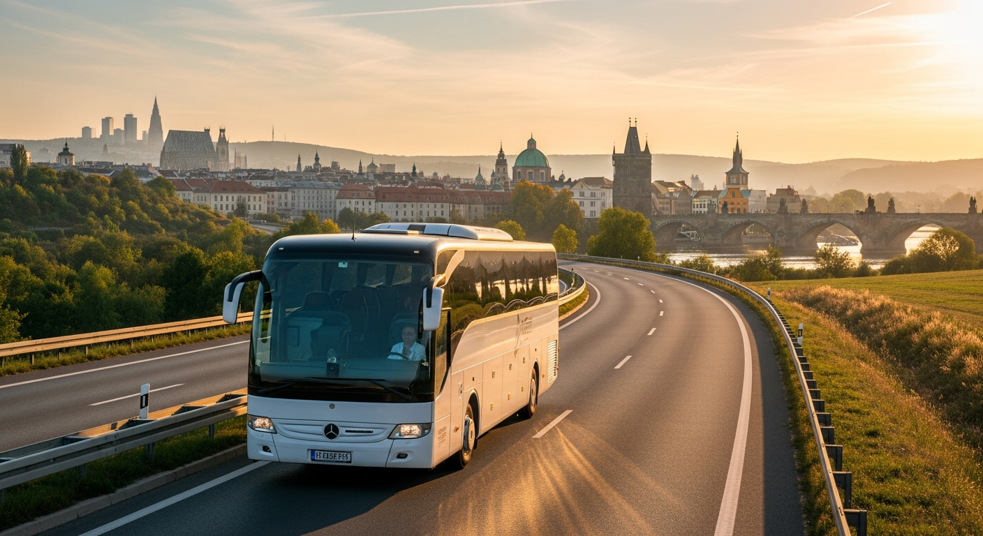 Flixbus coach bus traveling on highway between Vienna and Prague cities