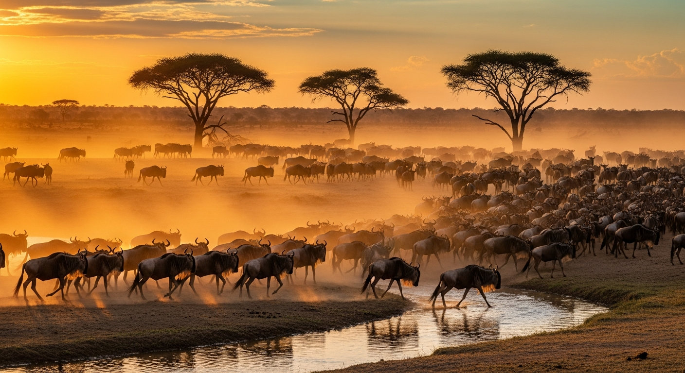 Wildebeest herd crossing river during East Africa Great Migration safari adventure