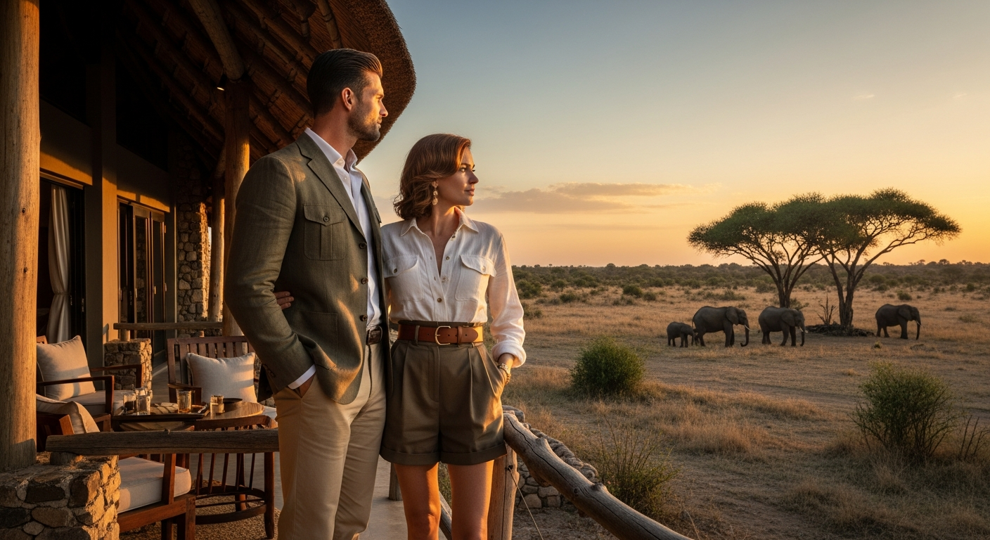 Luxury safari vehicle with tourists viewing African wildlife in golden savanna landscape