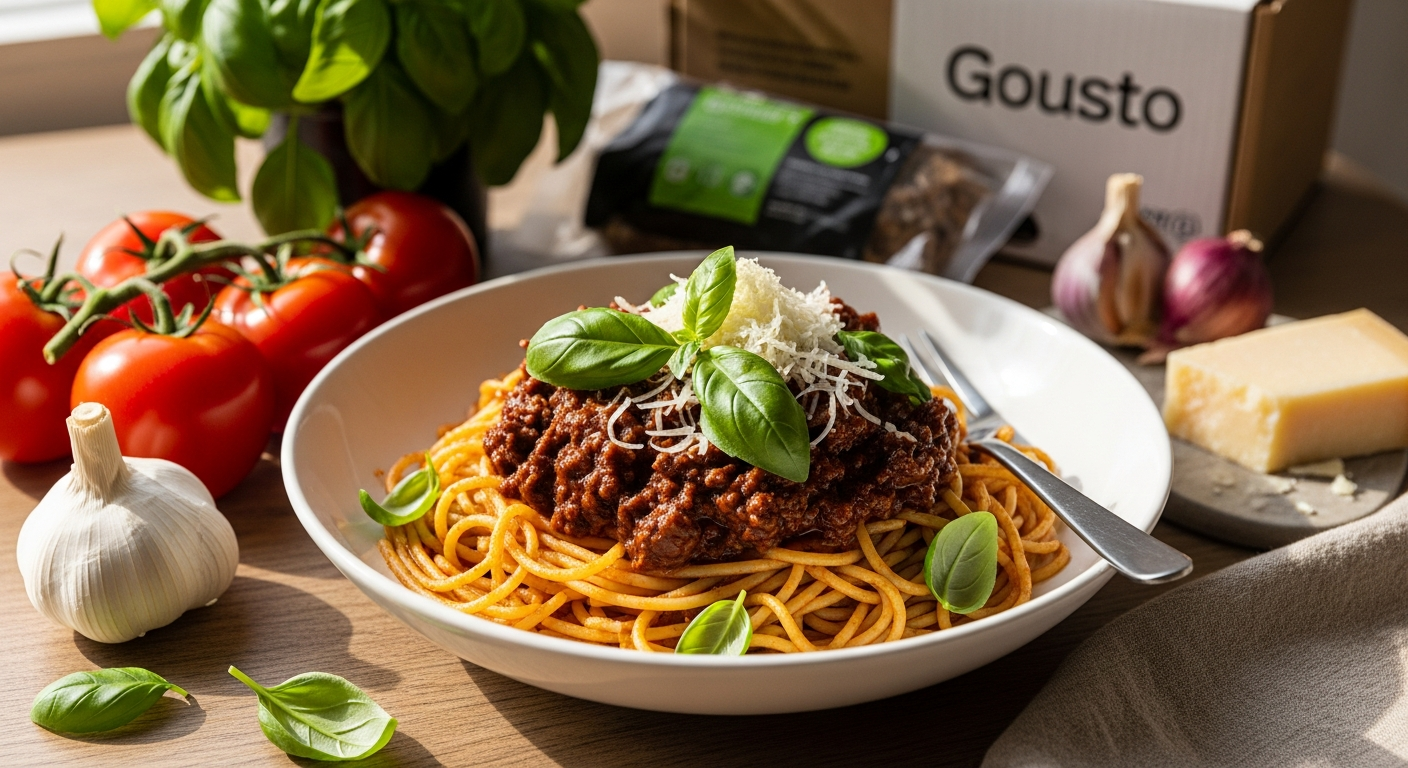 Gousto Simply Perfect Beef Spag Bol recipe kit with fresh ingredients and pasta