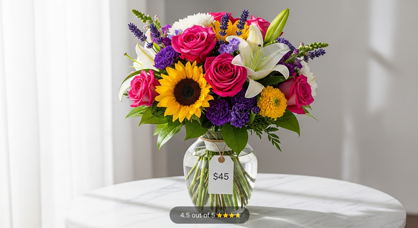 Brilliant Blooms Bouquet colorful flowers arrangement in vase display