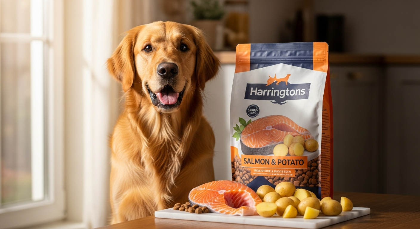 Harringtons Adult Dry Dog Food Salmon and Potato bag with salmon and potato ingredients displayed