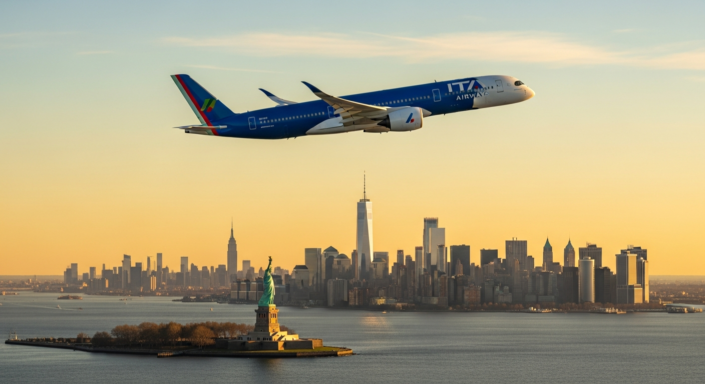 ITA Airways modern aircraft flying over Atlantic Ocean between Rome and New York