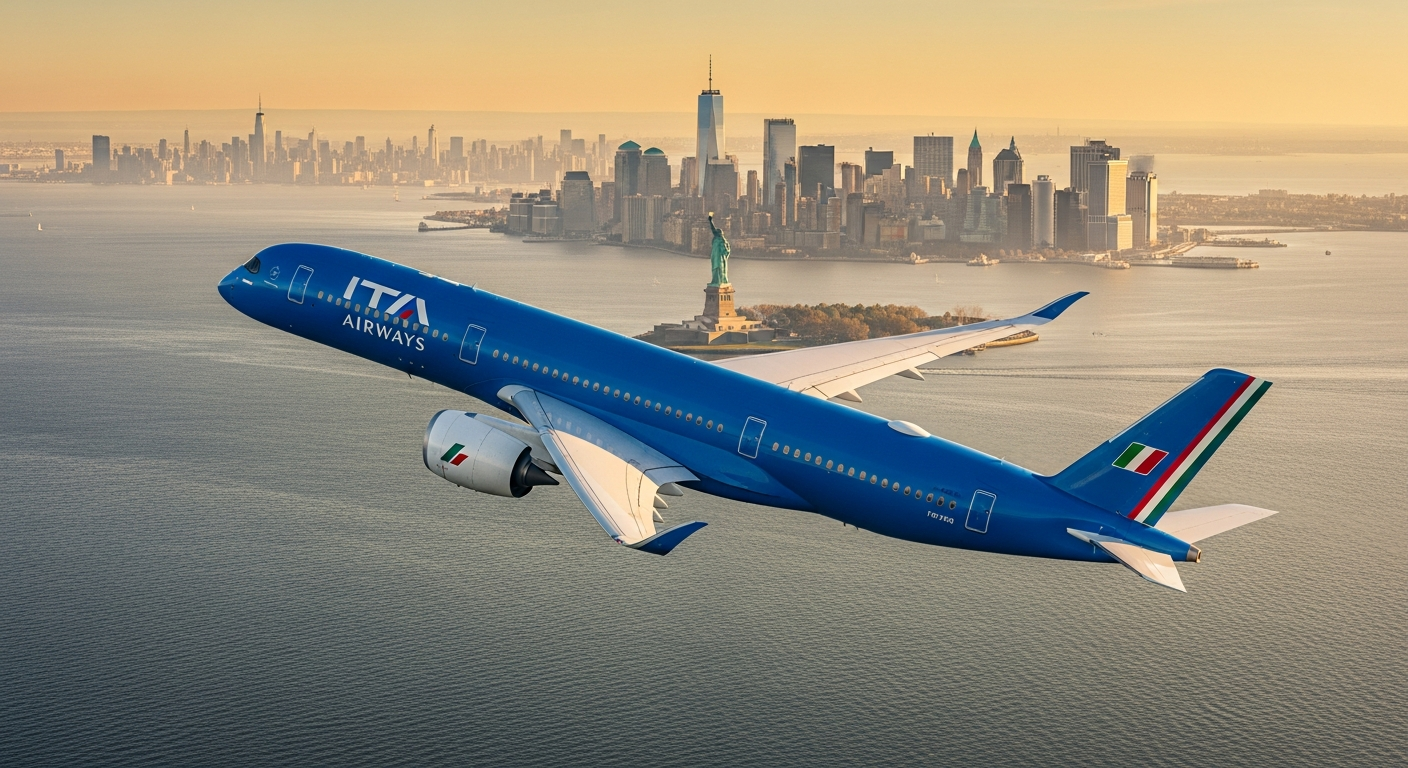 ITA Airways Airbus A350 aircraft flying over the Atlantic Ocean during daytime