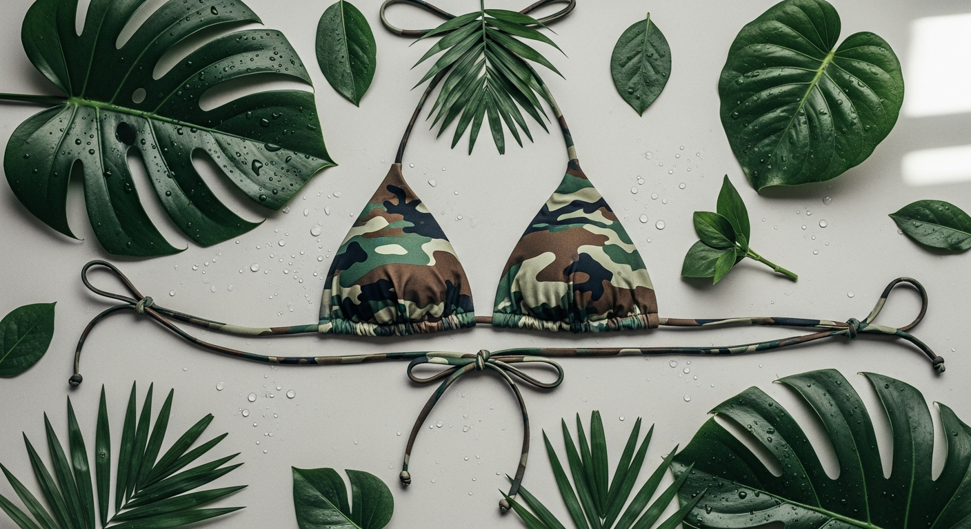 Woman wearing Isme Swim Camo Triangle Top on tropical beach