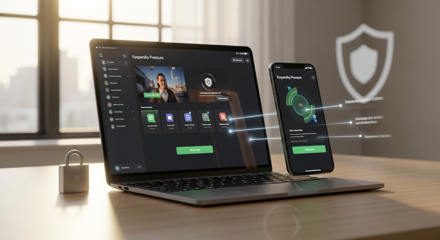 Kaspersky Premium digital security suite interface showing malware protection and VPN features