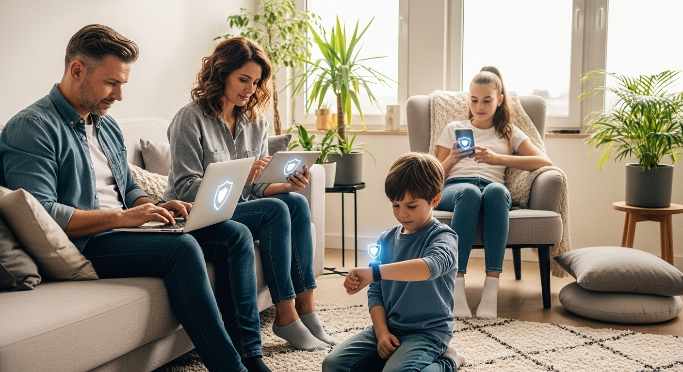 Family using multiple devices protected by Kaspersky Premium Security software