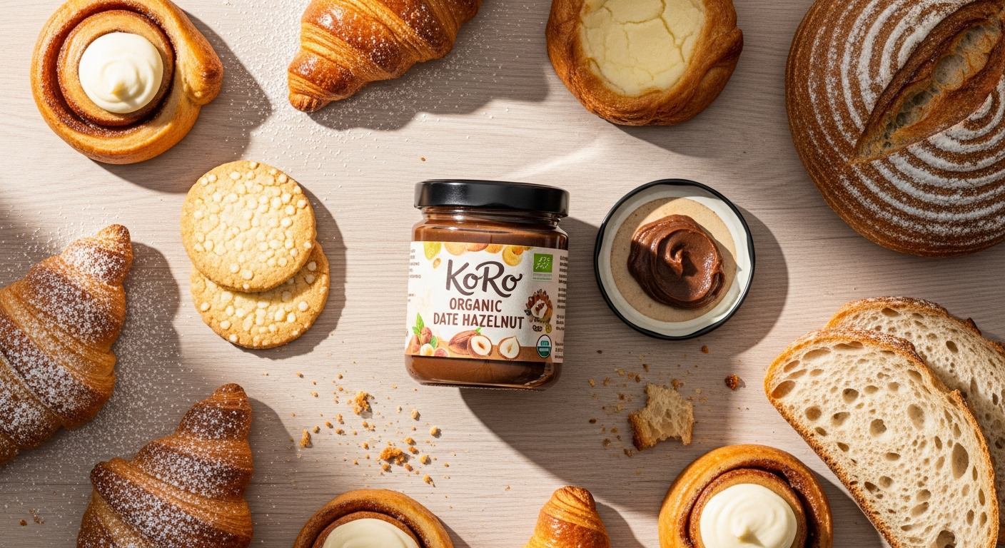 KoRo Organic Date Hazelnut Spread jar with fresh hazelnuts and dates