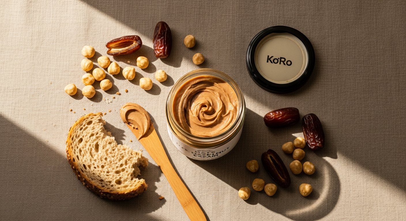 KoRo Organic Date Hazelnut Cream jar displayed with fresh hazelnuts and dates