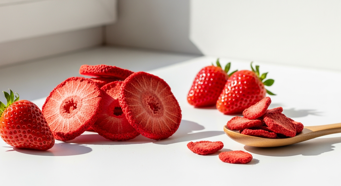 KoRo freeze-dried strawberry slices in a white bowl with vibrant pink color