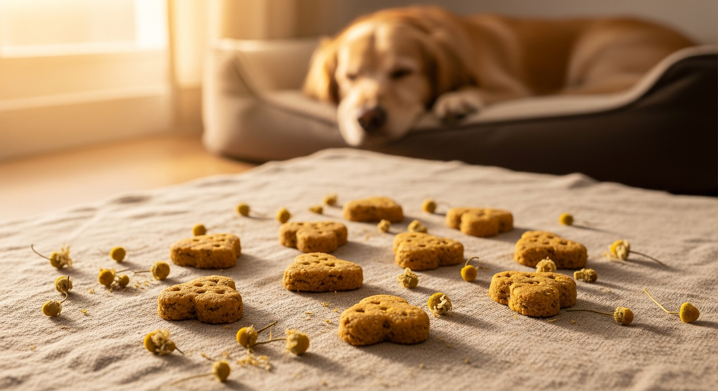 Lily's Kitchen Bedtime Biscuits package displayed with natural chamomile and passionflower ingredients