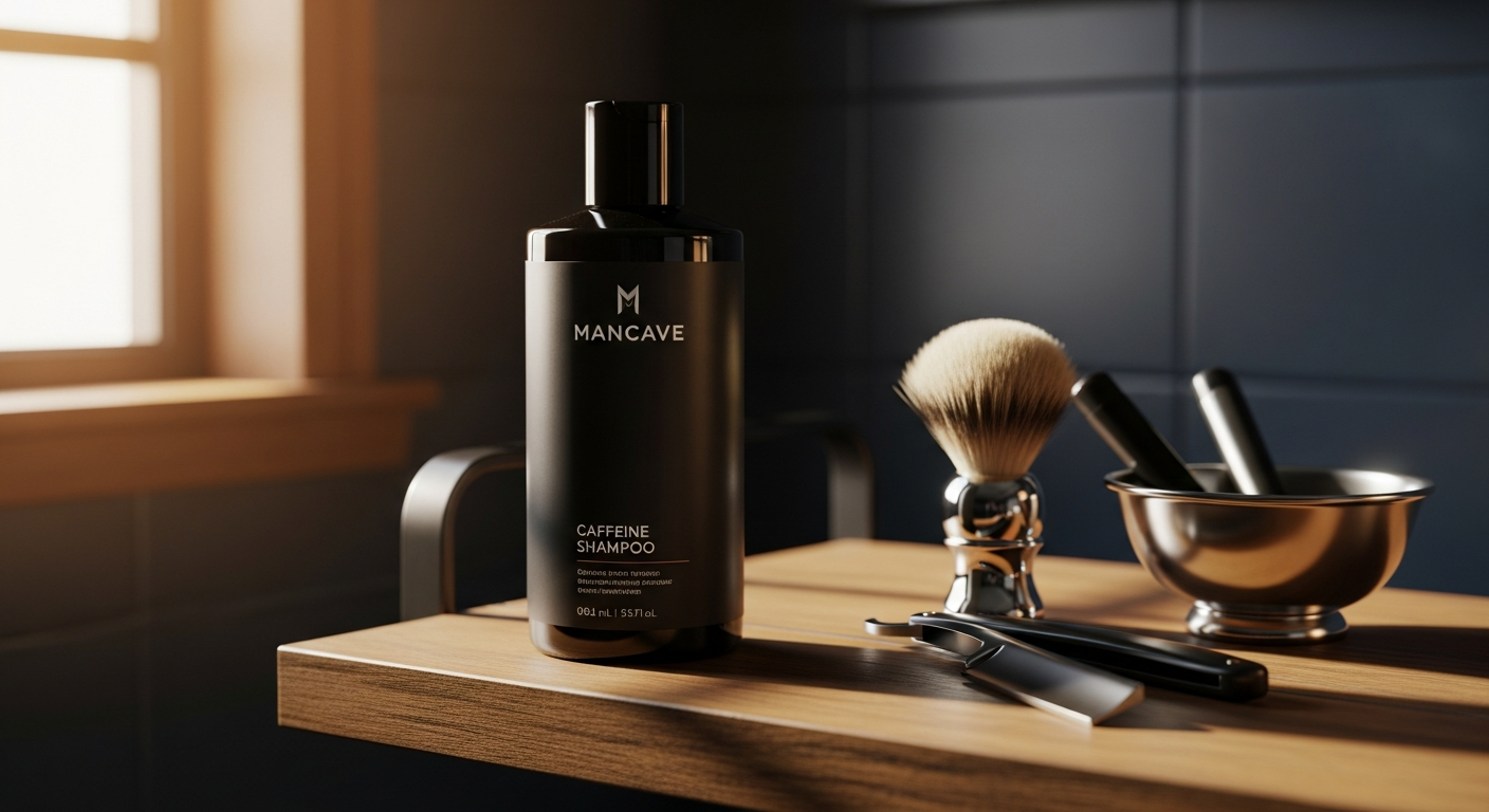 ManCave Caffeine Shampoo bottle displayed with natural grooming ingredients
