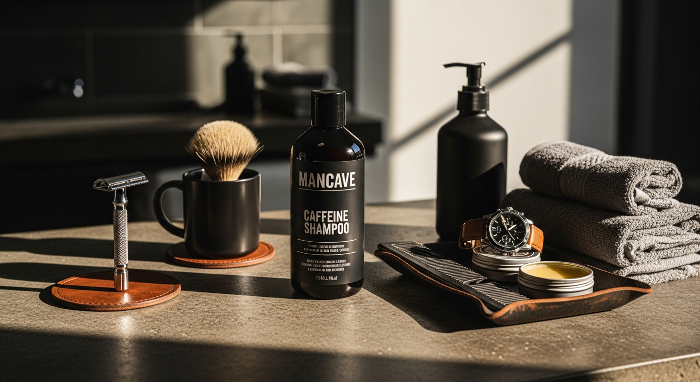 ManCave Caffeine Shampoo bottle displayed with natural ingredients and healthy hair