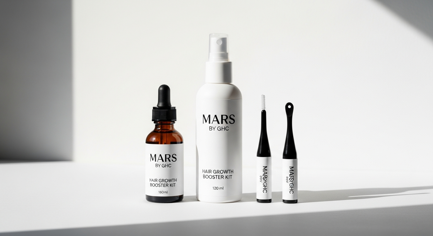Mars by GHC Hair Growth Booster Kit products displayed with ingredients and components