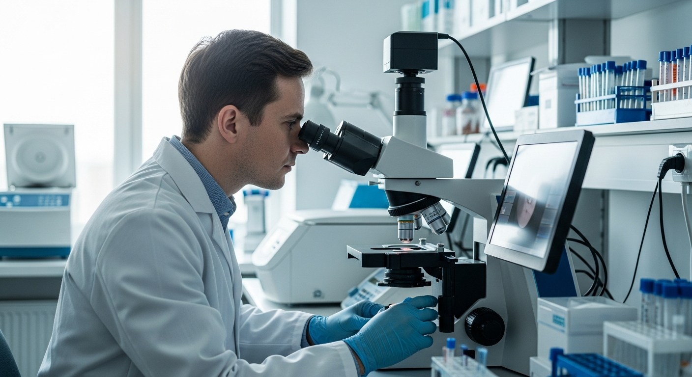 Specialized laboratory technician using Orchard Enterprise Lab LIS software on computer workstation