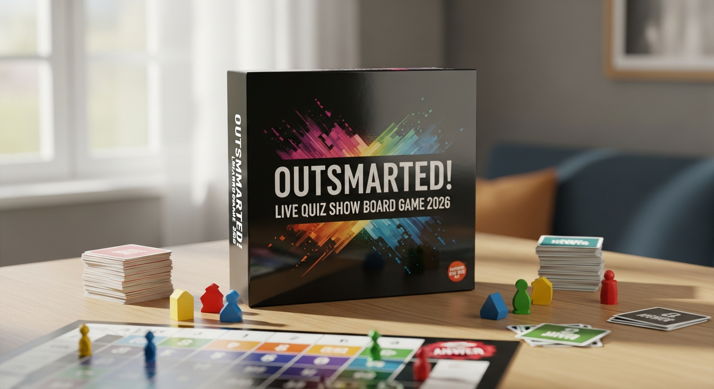 Outsmarted! Live Quiz Show Board Game displayed with smartphone app interface showing multimedia quiz questions