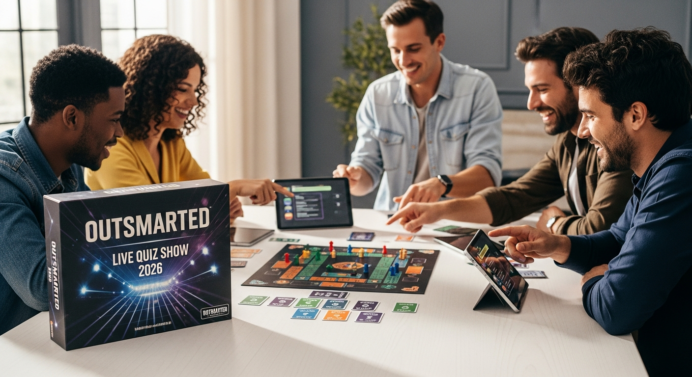 Outsmarted Live Quiz Show Board Game with app interface and colorful game pieces displayed