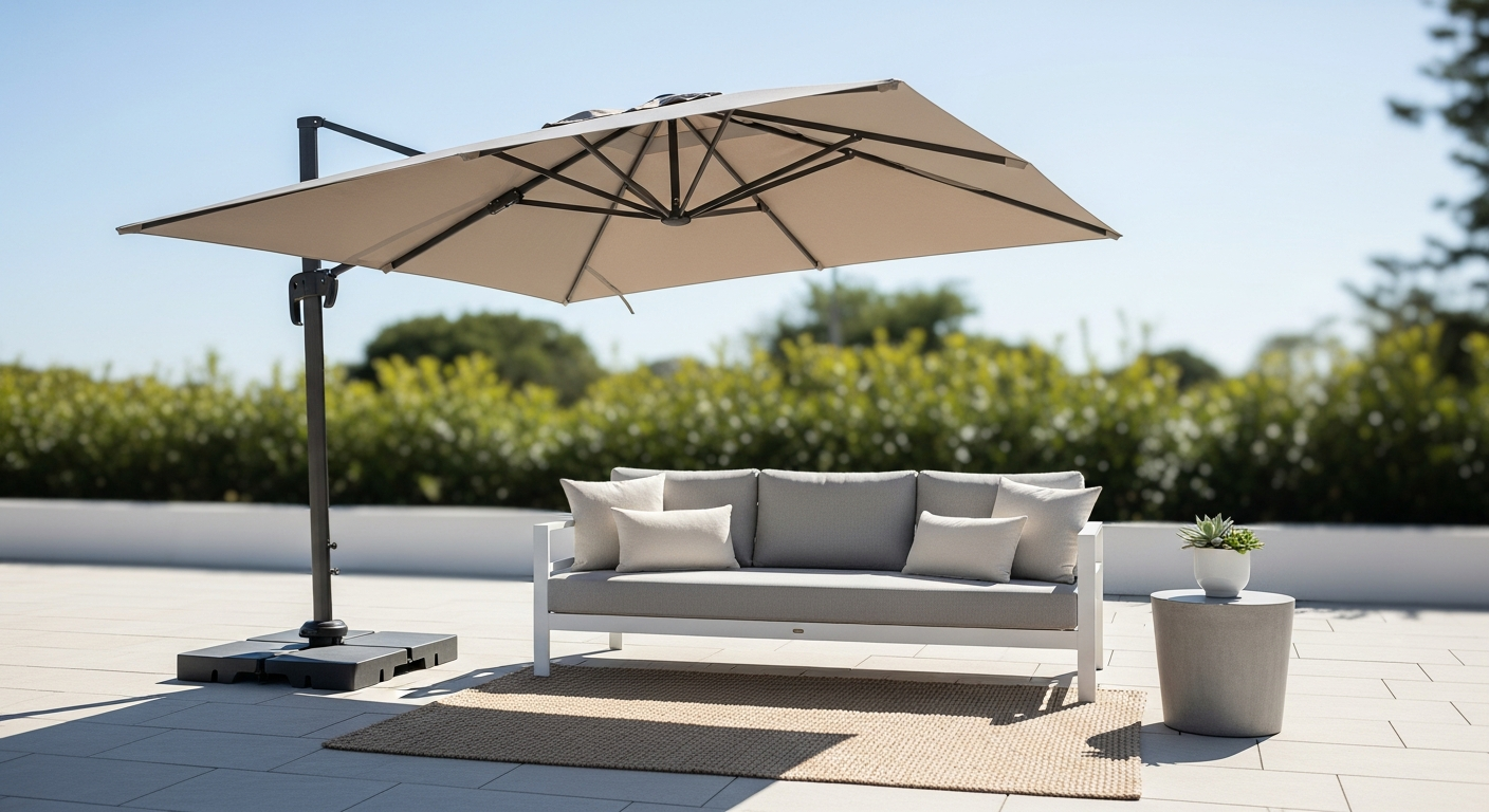 Large square cantilever patio umbrella with double-top design in outdoor garden setting