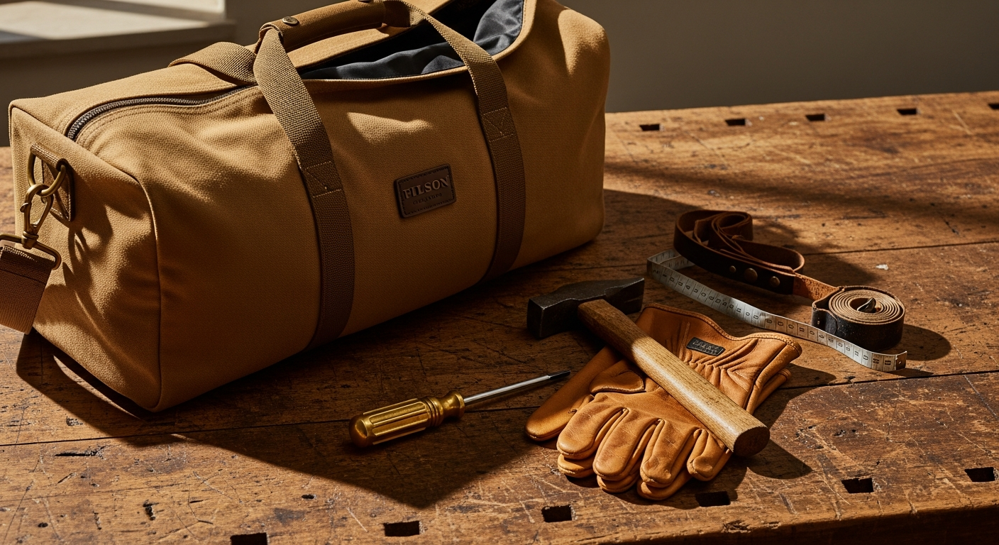 Filson Medium Rugged Twill Duffle Bag in natural canvas with leather handles and brass hardware