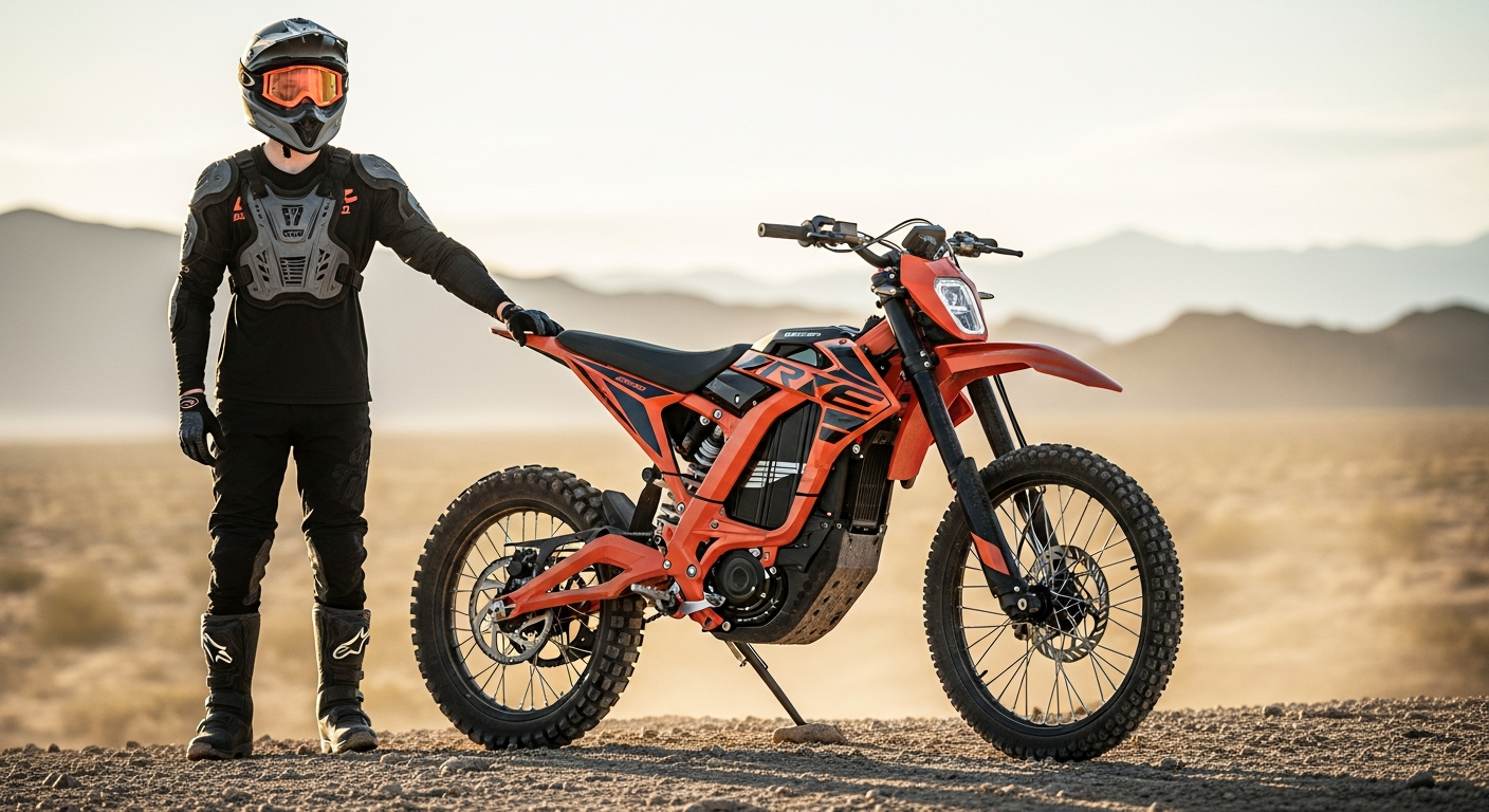 Qronge X1 Spark electric dirt bike shown from side angle on trail