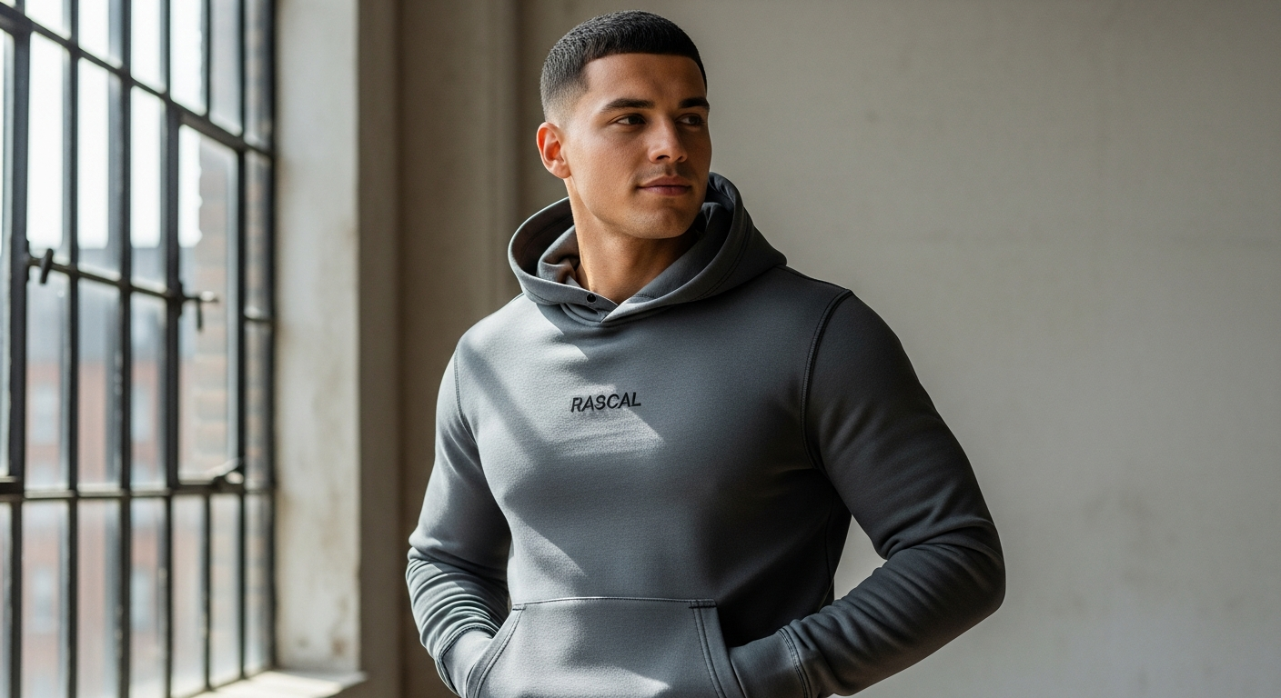 Rascal Premium Streetwear Hoodie worn by active freestyle athlete in motion