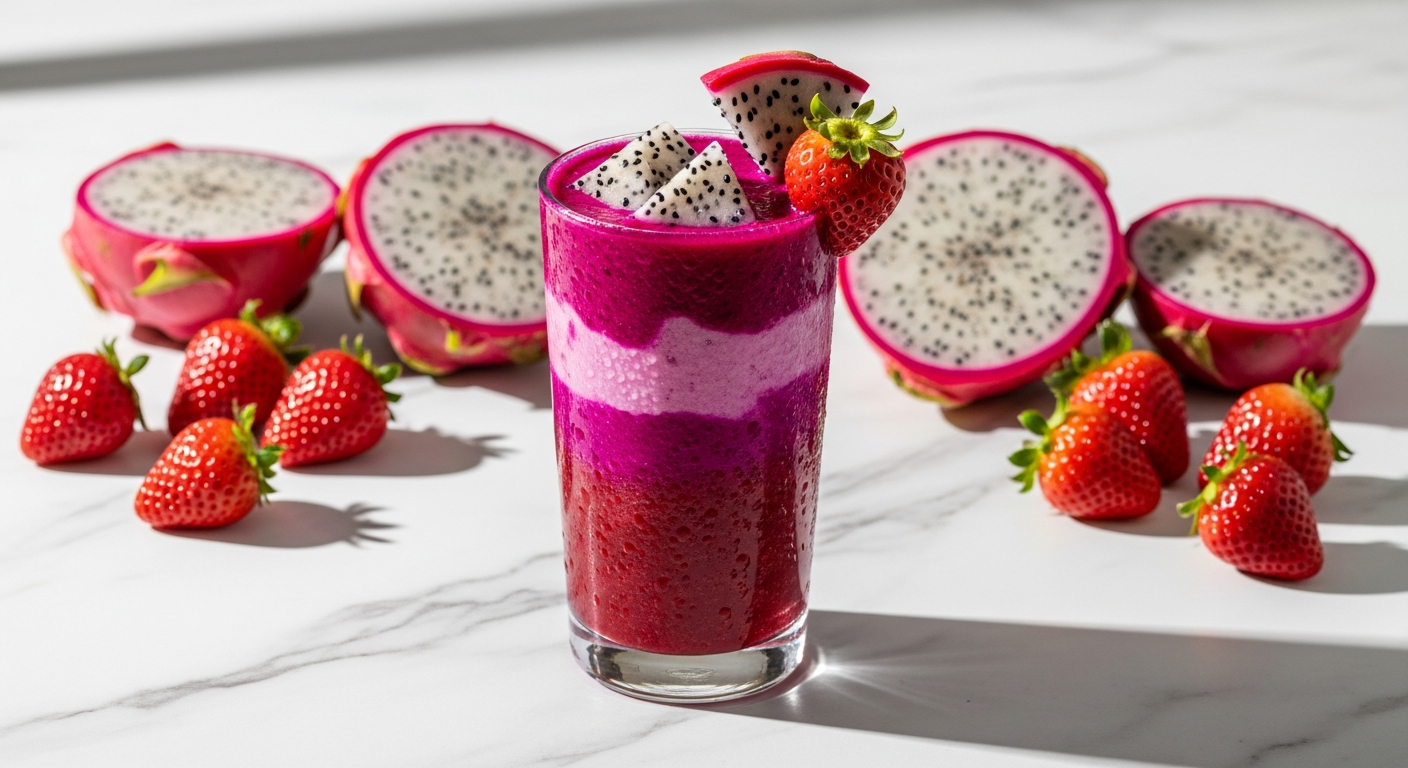 Revive Superfoods Dragonfruit Strawberry Smoothie in a glass with fresh fruit