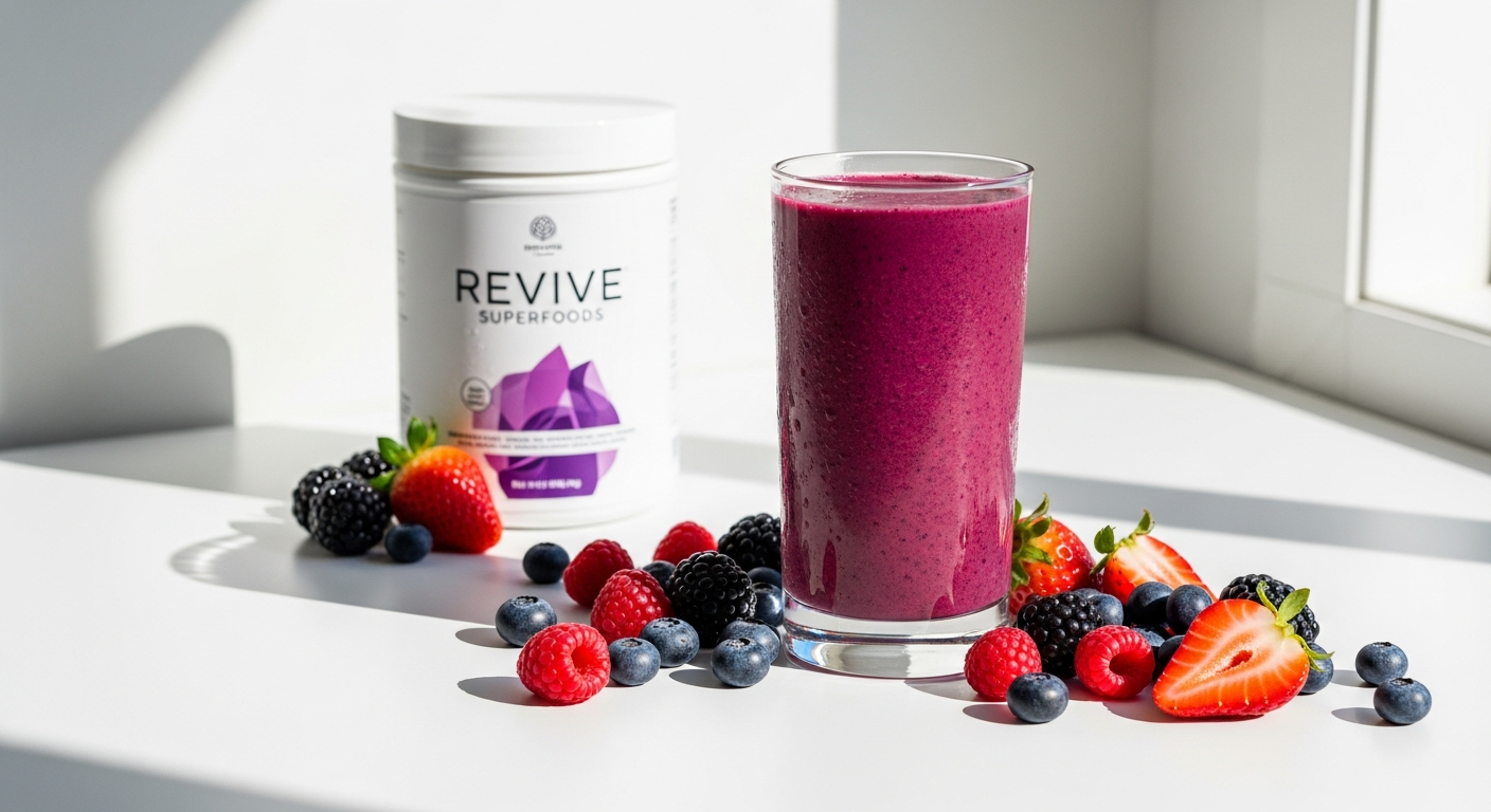 High Protein Berry Smoothie in glass with fresh berries and vanilla whey protein