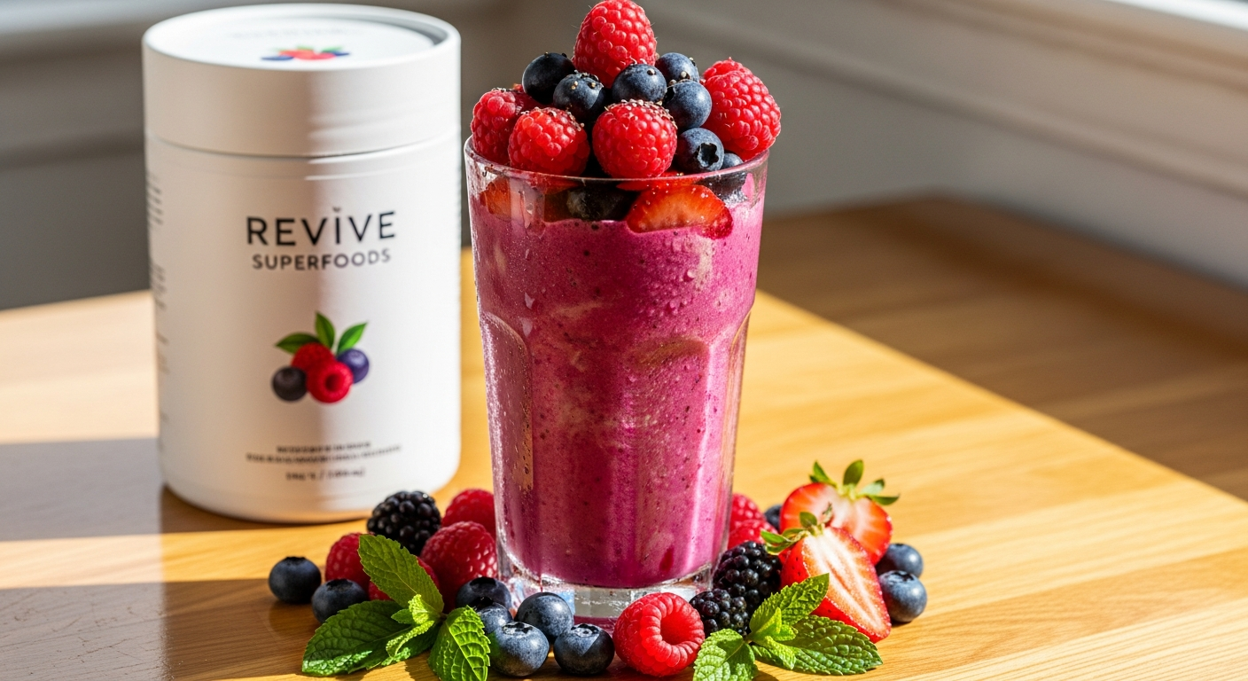 Revive Superfoods High Protein Berry Smoothie in glass with fresh berries