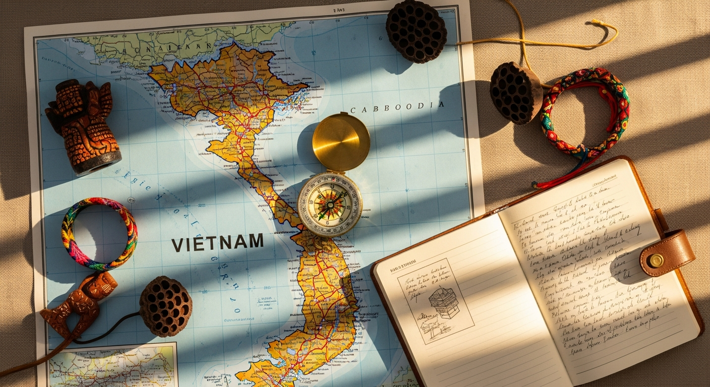 Small group of tourists exploring ancient temples and traditional boats in Vietnam and Cambodia