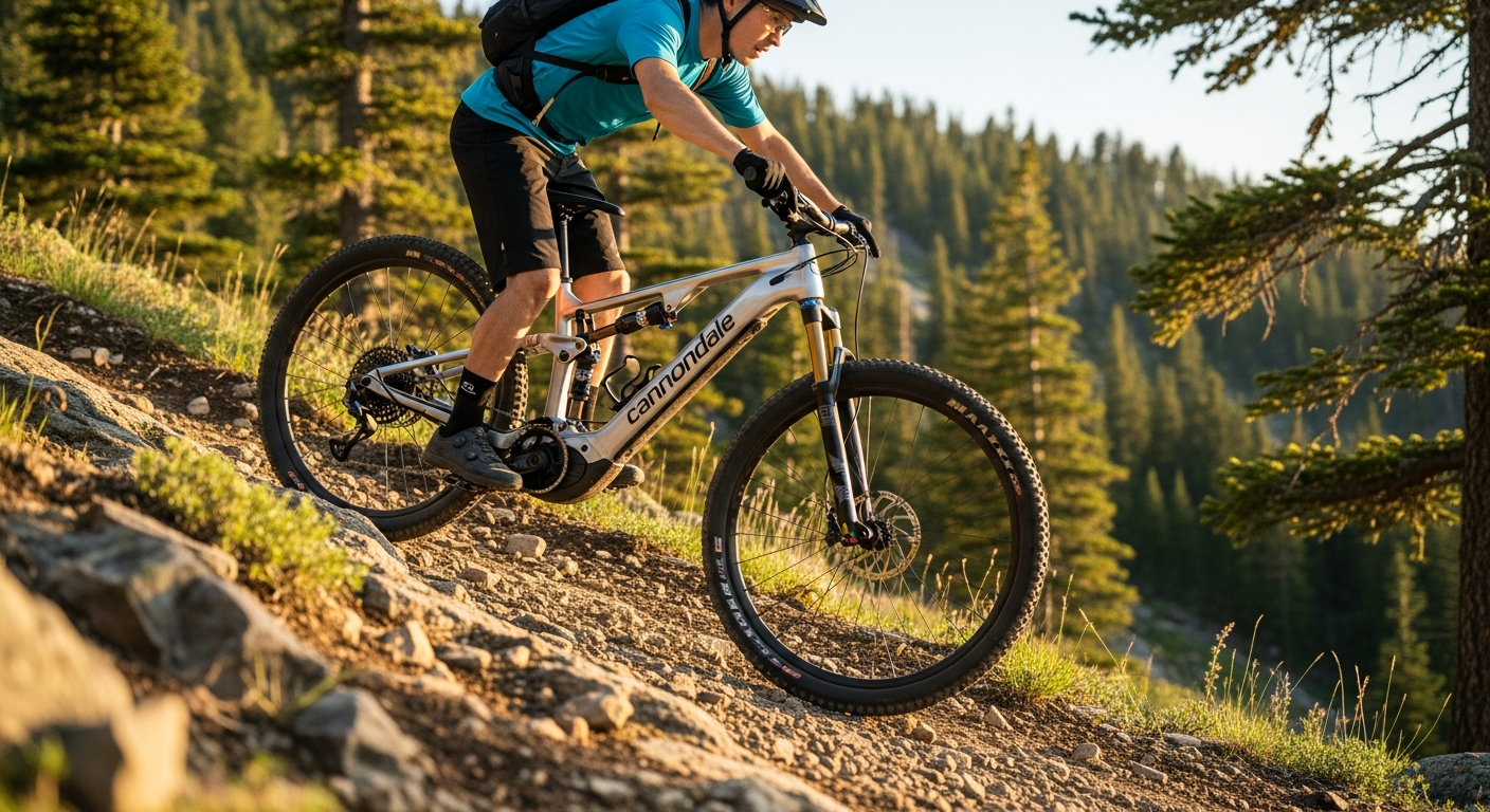 Cannondale Moterra SL lightweight electric mountain bike on rocky technical terrain
