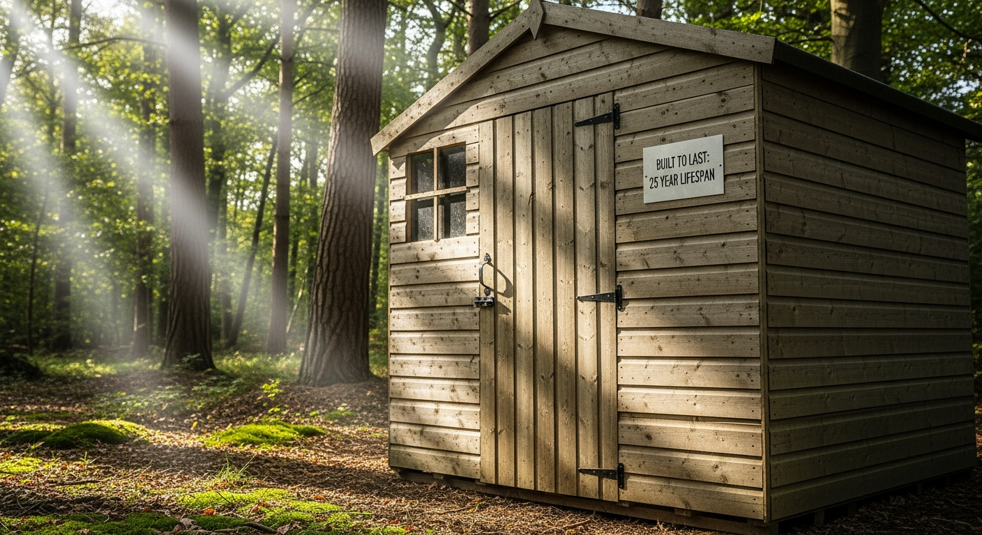 Forest 4Life Overlap Apex Wooden Shed in garden with tools and equipment stored inside