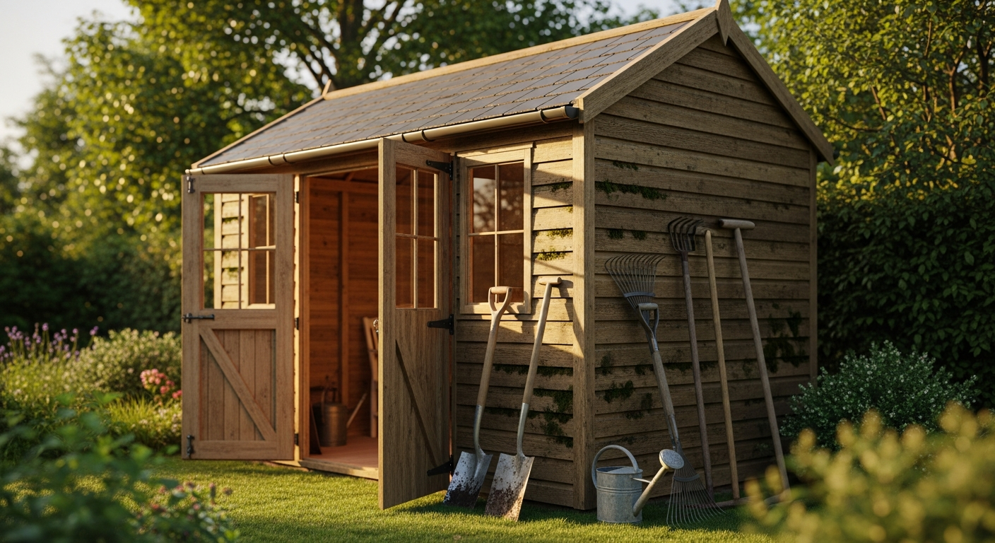 Classic wooden garden shed in traditional style positioned in residential garden setting
