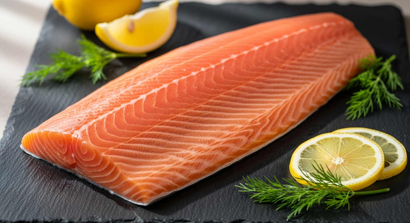 Wild Alaska King Salmon Fillets displayed on ice with fresh lemon garnish
