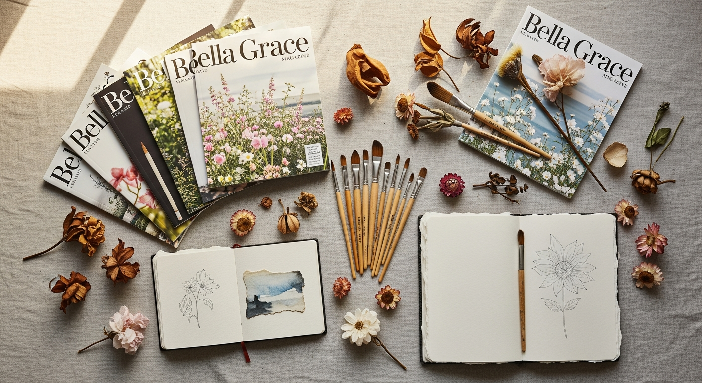 Bella Grace Magazine Subscription bookazine displayed with creative inspiration materials and artistic tools
