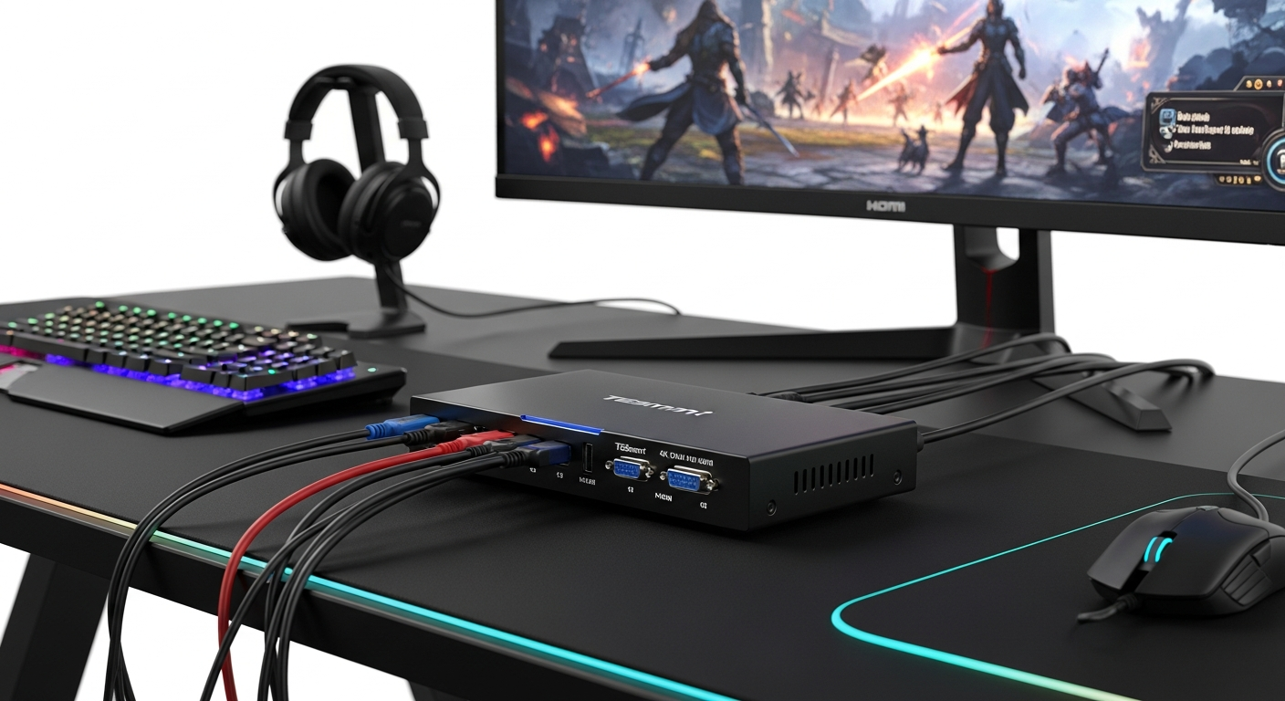 TESmart 4-Port 4K 60Hz HDMI KVM Switch controlling multiple gaming and streaming computers