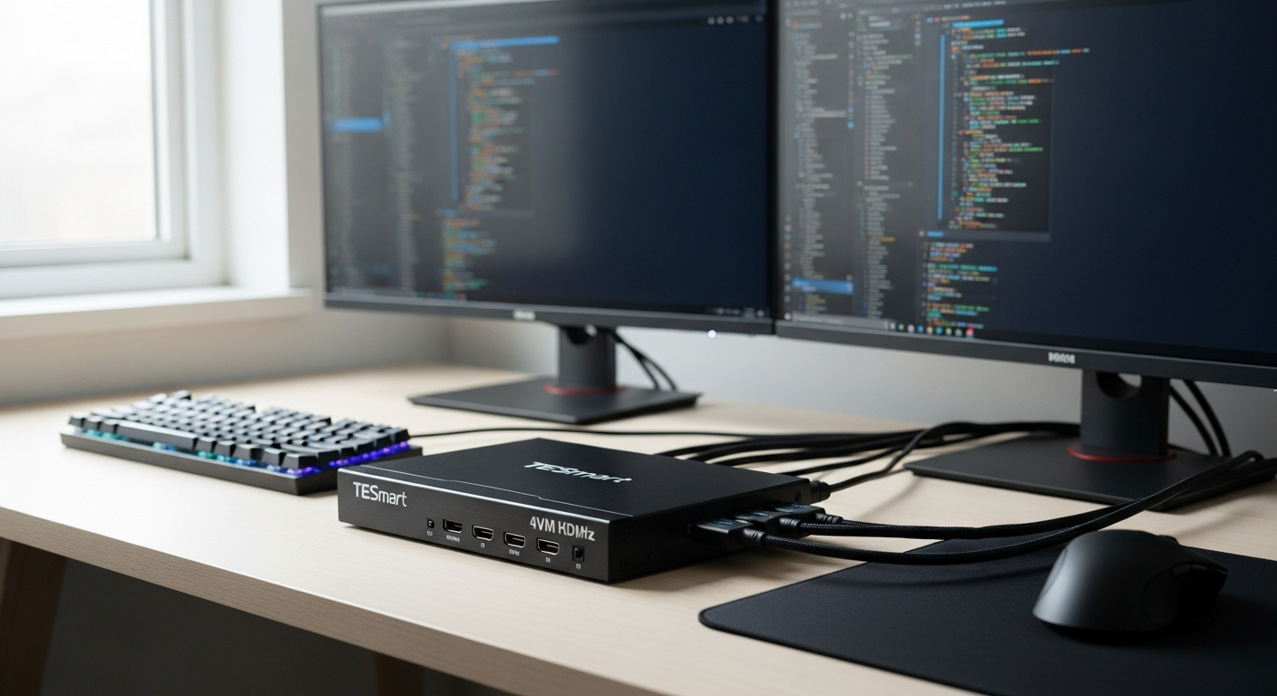 TESmart Dual Monitor 4K60Hz HDMI KVM Switch for multi-computer professional workspace setup
