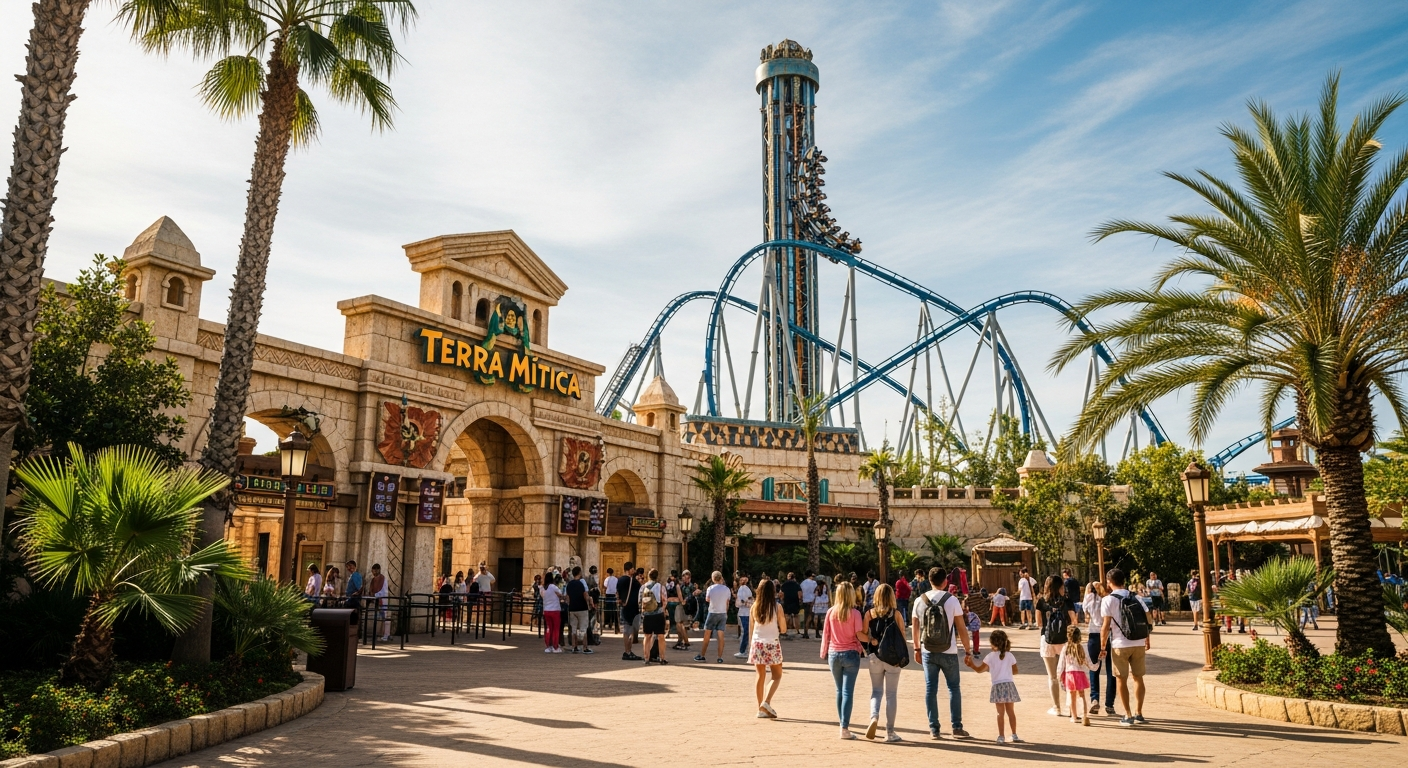 Terra Mítica Benidorm theme park entrance with ancient Mediterranean architecture and themed zones