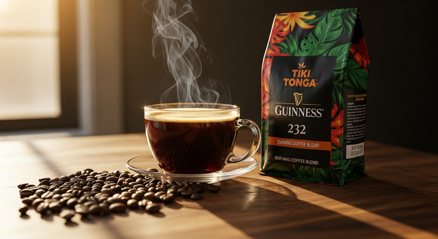 Tiki Tonga Guinness 232 Coffee Blend package with rich chocolate and malty notes