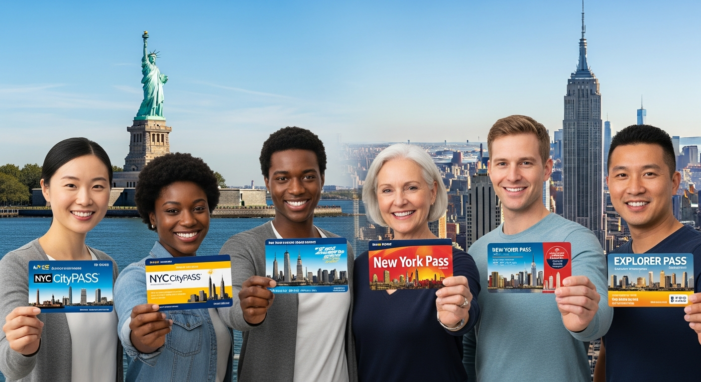 Busy New York City street with iconic skyscrapers and tourists exploring attractions