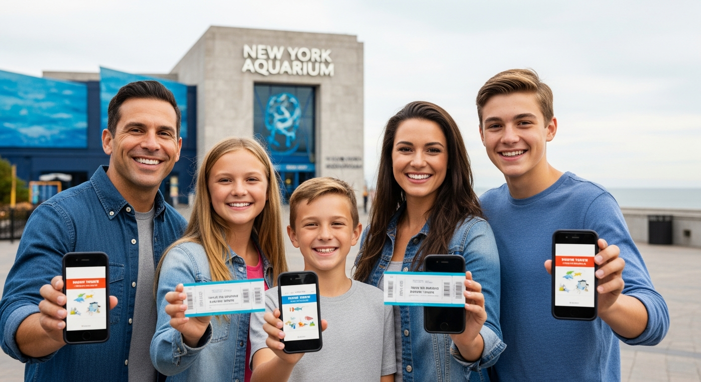 New York Aquarium entrance with Coney Island boardwalk and ocean backdrop