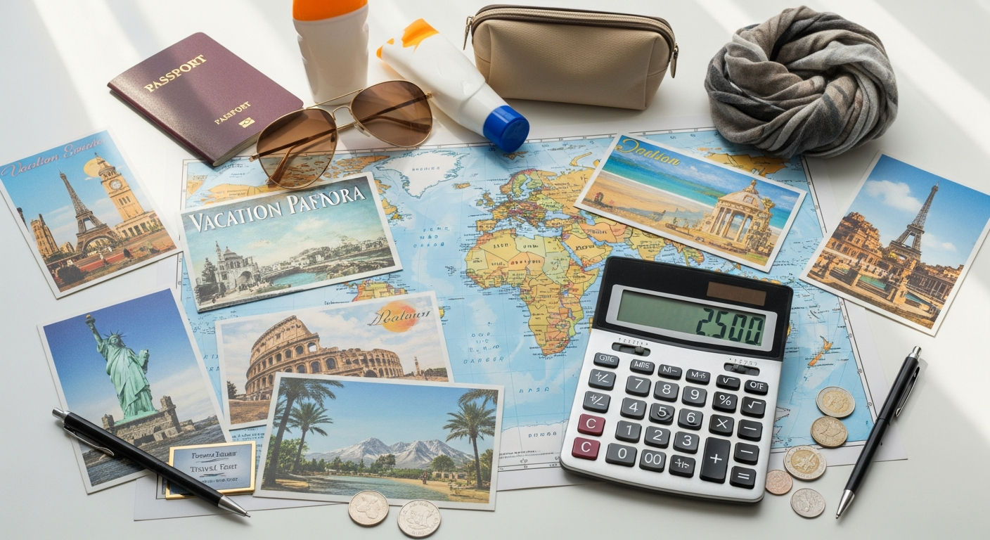 Woman comparing cheap package holidays on laptop with travel deals displayed