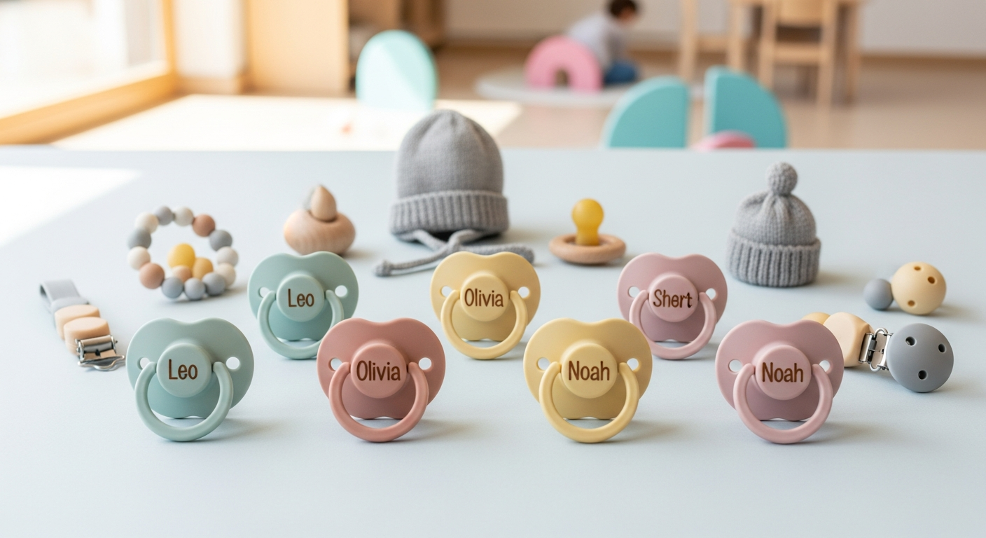 Custom engraved pacifiers displayed in daycare setting with personalized names